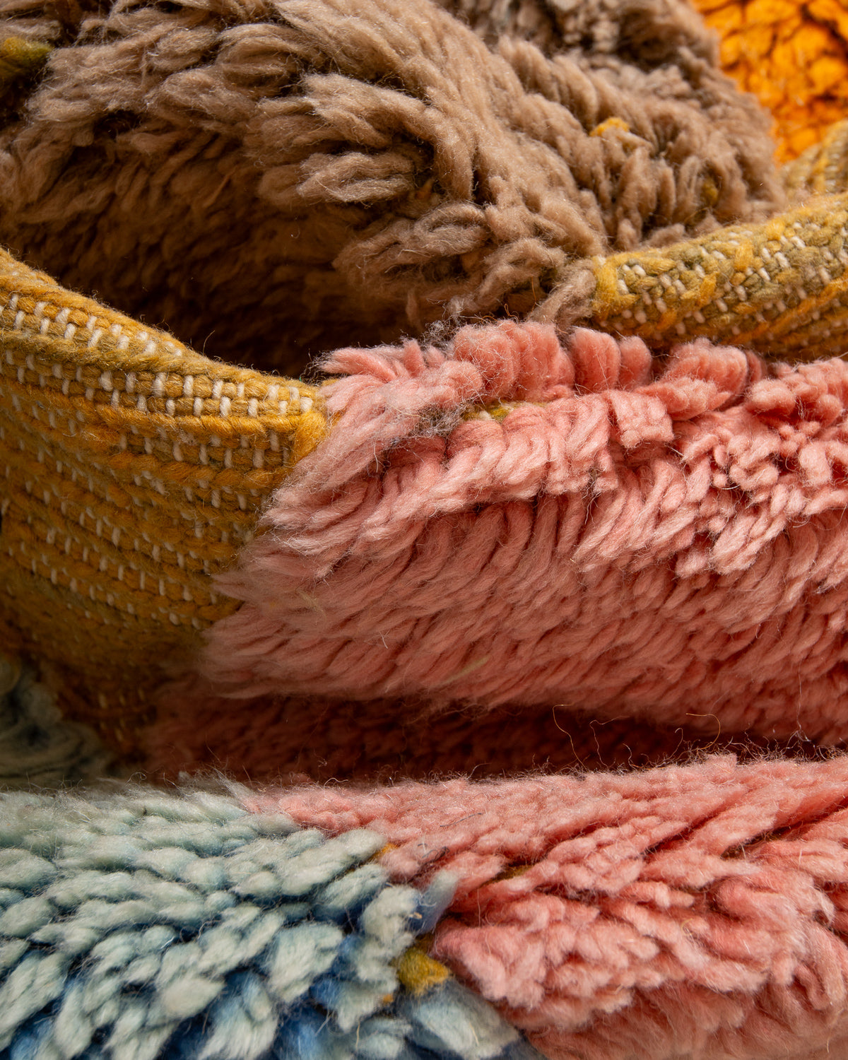 Modern, designer, handcrafted Berber rug from Morocco. Beniourain carpet with beautiful colours and patterns and fluffy wool texture.